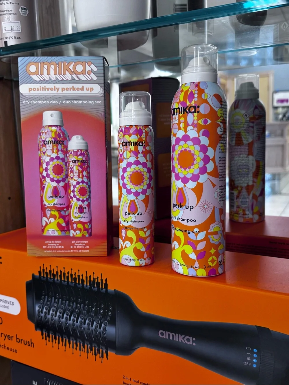amika Perk Up Dry Shampoo set - round brush and flat iron comb
